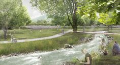 an artist's rendering of people sitting on the bank of a stream in a park