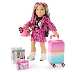 a doll is holding a pink suitcase and some other items in front of her on a white background