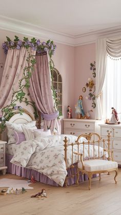 a child's bedroom with pink walls and curtains