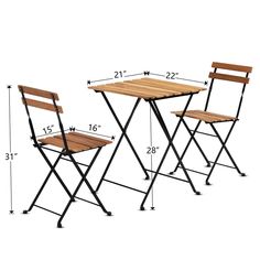 two folding chairs and a table with measurements for each chair, side by side on a white background