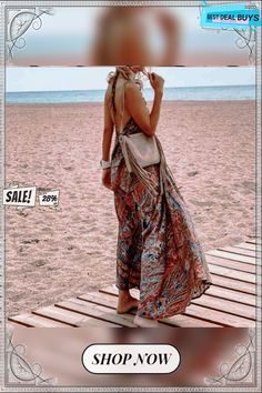 Fashion Printed Halterneck V-neck Bohemian Long Dress Bohemian Long Dress, Bohemian Dresses Long, Fashion Prints, Long Dress, V Neck