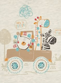 a drawing of a giraffe and zebra riding in a jeep