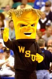 the mascot is wearing a black shirt with yellow writing on it's chest and arms