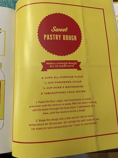 an open book with instructions for pastry dough