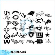 the nfl logos are shown in black and white