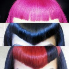 bangin bangs Mall Goth Hairstyles Short, Scene Hair Coontails, Black And Red Alt Hair, V Bangs Goth Short Hair, Pink And Blue Scene Hair, V Bangs, Cabelo Pin Up, Gothic Hairstyles, Goth Hair