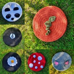 four crocheted hats on the grass with different designs