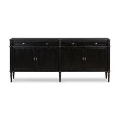 a black sideboard with three doors and two drawers on the bottom, in front of a white background