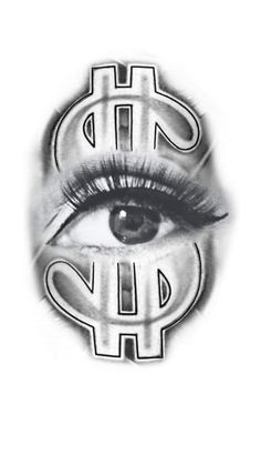 an eye with the dollar sign drawn on it's iris and lashes in black and white