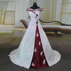 (eBay) Off Shoulder Wedding Dresses White and Red Satin Appliques A Line Bridal Gowns Medieval Wedding Dress, Draped Wedding Dress, Sweetheart Bridal Gown, Red Wedding Dress, Discount Wedding Dresses, Red Wedding Dresses, 2015 Wedding Dresses, Bridal Bridesmaid Dresses, Bridesmaid Dresses Online