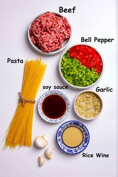 the ingredients to make pasta are shown in bowls