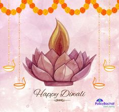 happy diwali greeting card with waterlily lotus flower and hanging beads on pink background