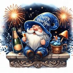 a happy new year card with a gnome holding a champagne