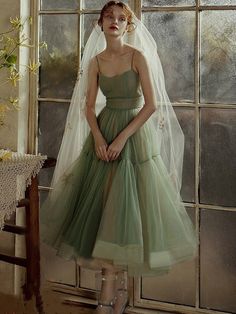 Green Prom Dress Tulle, Light Green Wedding Dress, Tulle Tea Length Dress, Sage Green Wedding Dress, Tea Length Gown, Cheap Prom Dresses Online, Pleats Dress, Tea Length Tulle, Marriage Story