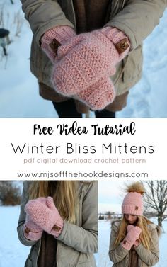 a woman wearing pink mittens in the snow with text overlay that reads free video instructions winter bliss mittens