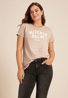 Witches Brew Classic Fit Graphic Tee | maurices Basic Tops With Letter Print, Stretch Soft-washed Tops, Halloween Graphic Tee With Cat Design, Stretch Halloween T-shirt With Graphic Print, Halloween Cat Design Graphic Tee, Halloween Relaxed Fit Graphic T-shirt, Witchy Halloween T-shirt With Graphic Print, Witches Brew, Cool Sweaters