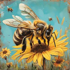 a painting of a bee sitting on top of a yellow flower with bees flying around it