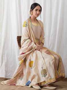 Buy Firozi Meenakari Layered Brass Jhumkies online at Theloom Print Suit Designs, डिजाइनर कपड़े, Indian Designer Suits, Beige Silk, Printed Dupatta, Jute Bag, Kurta Designs Women, Dupatta Set