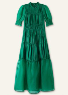 Chic Silk Midi Dress With Gathered Neckline, Spring Silk Midi Dress With Gathered Neckline, Green Viscose Evening Dress, Elegant Silk Maxi Dress With Gathered Neckline, Elegant Green Sheer Maxi Dress, Chic Green Dresses With Gathered Neckline, Chic Green Dress With Gathered Neckline, Spring Silk Dress With Gathered Neckline, Summer Silk Midi Dress With Gathered Neckline