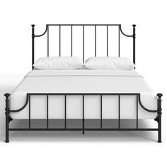 a black metal bed frame with white sheets and pillows on the headboard, side view