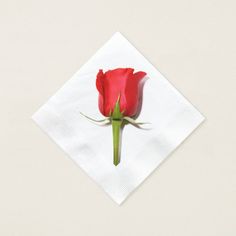 a single red rose sitting on top of a white napkin