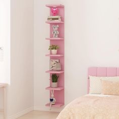 a pink shelf in the corner of a white room with a bed and nightstand next to it