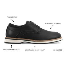 Meet the Leon dress shoe from Vance Co., a refined and comfortable choice featuring a 1-inch block heel, lace-up closure, and round toe design. Crafted with faux leather, fabric lining, and a 12 mm Tru Comfort Foam™ footbed, it provides both style and cushioned support for various occasions. The rubber outer sole ensures reliable traction, making the Leon a sophisticated and practical addition to your footwear collection. Casual Dress Shoes, Closed Toe Shoes, Shoe Black, Footwear Collection, Faux Leather Fabric, Dress Shoe, Round Toe Heels, Journee Collection, Toe Designs