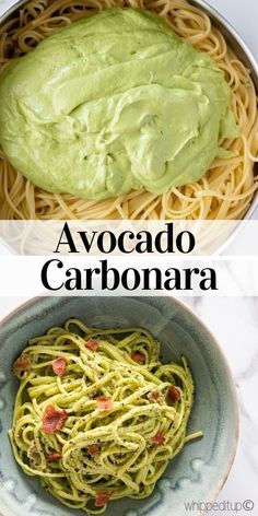 avocado and carbonara pasta in two different bowls, one with green sauce