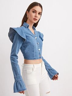 Denim Top Women, Woman Shirt, Jeans Jacket, Top Women, Denim Top, Indian Outfits, Denim Shirt, Ruffle Trim