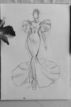 a drawing of a woman in a long dress with her hands on her hips, standing next to a flower