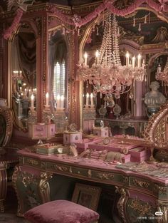 an elaborately decorated vanity with chandelier and mirror