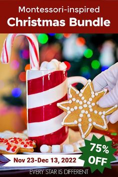 an elephant holding a candy cane next to a christmas mug and cookies on a plate