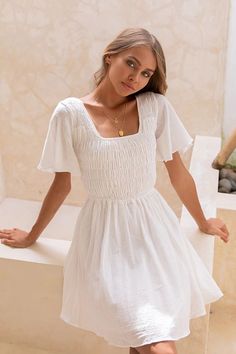 We're living the cottagecore dream this summer with the Days By The River Dress White! Style this little white dress with block heels and gold jewellery! Elf Dress, White Skater Dresses, Bow Tie Dress, Bachelorette Dress, Little White Dress, Rush Dresses, Floaty Dress, Linen Mini Dress, Mothers Dresses