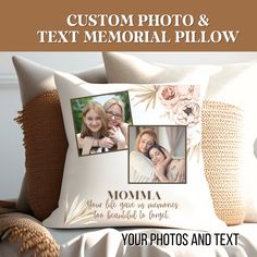 a pillow with two photos on it and the words, custom photo & text memorial pillow