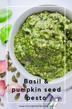 basil and pumpkin seed pesto in a white bowl