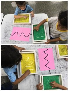 two pictures of children playing with letters and numbers on paper in front of a table