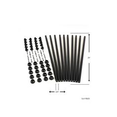 an image of black plastic rods and screws on white background, with measurements for each set