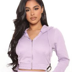 Size Large Cropped Fashion Nova Hoodie. Looks Just Like The Picture, Runs Small. More Like A Medium If You Want It All The Way Zipped Up. New Without Tags. Purple Hoodie Top For Spring, Purple Spring Hoodie Top, Lavender Long Sleeve Sweatshirt For Spring, Casual Lavender Hooded Hoodie, Trendy Purple Hooded Top, Trendy Purple Long Sleeve Hoodie, Purple Drawstring Hood Top For Fall, Lavender Long Sleeve Hoodie For Winter, Long Sleeve Lavender Hoodie For Winter