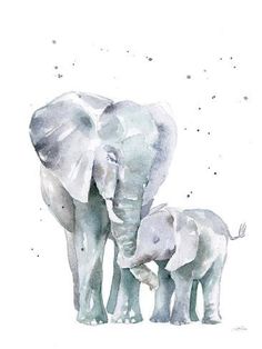 two elephants are standing next to each other in watercolor on white paper with black dots