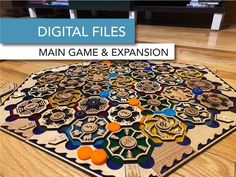 a large wooden board game on the floor with words overlaying it that reads, digital files main game & extension