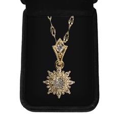 VICTORIAN * RHINESTONE * FLOWER * NECKLACE Adorned with intricate rhinestone flowers,  gleaming with delicate brilliance, this necklace exudes an air of romance and refinement. The vintage-inspired design captures the essence of old-world charm, while the impeccable craftsmanship ensures a touch of modern versatility. Pendant size: 1.3cm W and 1.3cm H Chain size:  40cm  Materials: 18K Gold Coated on Stainless Steel  Our Hiyas jewelry is tarnish-resistant, hypoallergenic, and long-lasting. Ensuring it maintains its shimmer and beauty over time. Crafted with Hypoallergenic material, safe for sensitive skin. Perfect for daily wear.  Packaging: All items come in elegant black velvet jewelry boxes. Ideal gift choice for your loved ones on birthdays, anniversaries, or any other meaningful occasi Luxury Filigree Necklaces For Celebration, Luxury Filigree Necklace For Anniversary, Luxury Antique Necklace For Gift, Luxury Antique Necklace As Gift, Luxury Victorian Style Chain Necklace As Gift, Luxury Ornate Necklace For Anniversary, Luxury Antique Necklaces For Gift, Luxury Victorian Pendant Necklaces, Luxury Victorian Chain Necklace As Gift