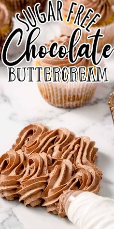 chocolate buttercream frosted cupcakes on a marble counter with the title overlay