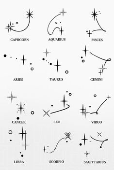 Star zodiac signs for tattoo ideas! Tattoo Ideas For Zodiac Signs, Zodiac Sign Back Tattoo, Tattoo According To Zodiac Sign, Zodiac Sign Hand Tattoo, Celestial Zodiac Tattoo, September Star Sign Tattoo, November Sign Tattoo, Two Zodiac Sign Tattoos, Arise Zodiac Sign Tattoo