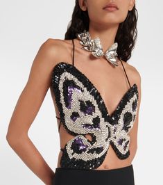 Crystal-embellished halterneck top in multicoloured - Area | Mytheresa Party Season Sequined Halter Top, Fitted Sequin Halter Neck Top, Sequined Fitted Halter Neck Top, Glamorous Sequin Halter Top For Evening, Glamorous Evening Halter Top For Spring, Glamorous Embellished Halter Top For Evening, Embellished Crop Top For Evening Parties, Embellished Crop Top For Evening Party Season, Embellished Crop Top For Summer Evenings