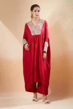 Red kurta with zardozi embroidered yoke and cuffs. Comes with pant. - Aza Fashions Red Embroidered Palazzo Set For Diwali, Red Palazzo Set With Straight Kurta And Embroidered Border, Red Palazzo Set With Embroidered Border And Straight Kurta, Designer Red Kurta With Embroidered Border, Bollywood Style Red Palazzo Set With Embroidered Border, Red Bollywood Palazzo Set With Embroidered Border, Elegant Red Palazzo Set With Embroidered Border, Designer Red Anarkali Set With Embroidered Border, Red Anarkali Set With Embroidered Border For Designer Occasions