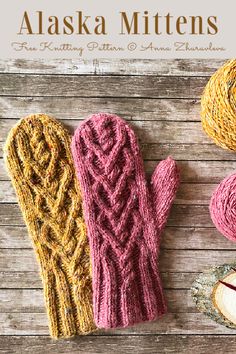 three knit mittens sitting next to each other on top of a wooden table with text overlay that says alaska mittens