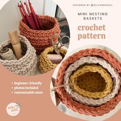 crochet pattern for mini nesting baskets with scissors and yarns in them, on a pink background