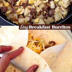 two pictures showing the process of making breakfast burritos with eggs, cheese and ground beef