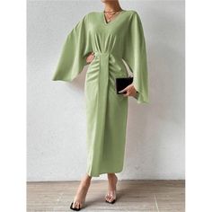 -Item Id 32624623 -Color: Green -Style: Elegant -Details: Split -Pattern Type: Plain -Type: Fitted -Neckline: V Neck -Sleeve Length: Long Sleeve -Sleeve Type: Batwing Sleeve -Waist Line: High Waist -Hem Shaped: Straight -Length: Long -Fit Type: Regular Fit -Fabric: Non-Stretch -Material: Woven Fabric -Composition: 100% Polyester -Care Instructions: Machine Wash Or Professional Dry Clean -Sheer: Semi-Sheer **Open To Offers!!!** **Bundle To Save More** **30% Off Bundles Of 2 Or More Items!!** ***O Formal Solid Color V-neck Dress For Spring, Spring Sheath Midi Dress Solid Color, Spring Sheath Midi Dress In Solid Color, Green V-neck Dress For Spring Workwear, Spring Evening Sheath V-neck Dress, Spring Evening V-neck Sheath Dress, Green Sheath Midi Dress For Brunch, Green Style, Colour List