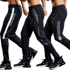 three men's running pants with the same side stripe on each leg and one in black